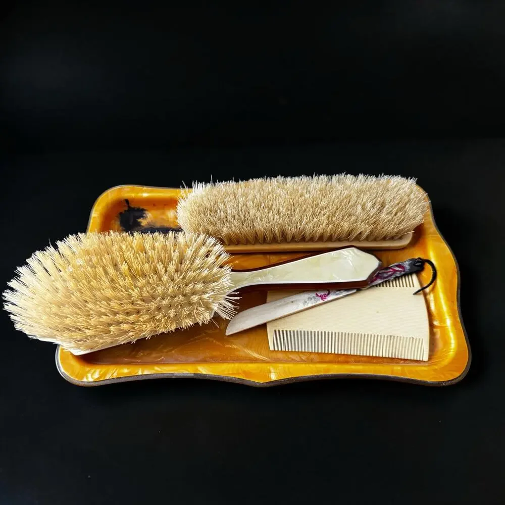 Vintage Amber Tortoise Celluloid Vanity Dresser Set Tray Brush Comb Art Deco